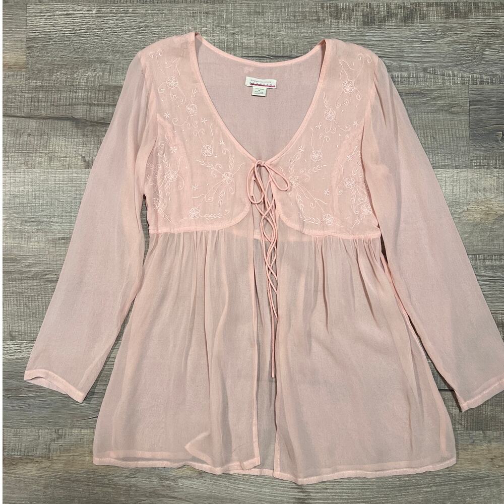 Express Tricot Sheer Pink Tie Front Y2K Embroidered Blouse Size Medium Coquette
